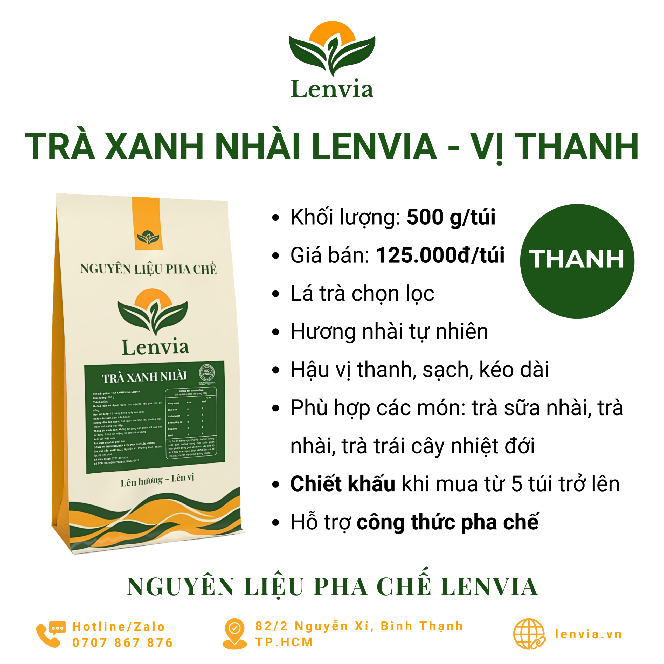 Giới thiệu Trà xanh nhài Lenvia - Vị Thanh 500g - giá 125.000đ/túi