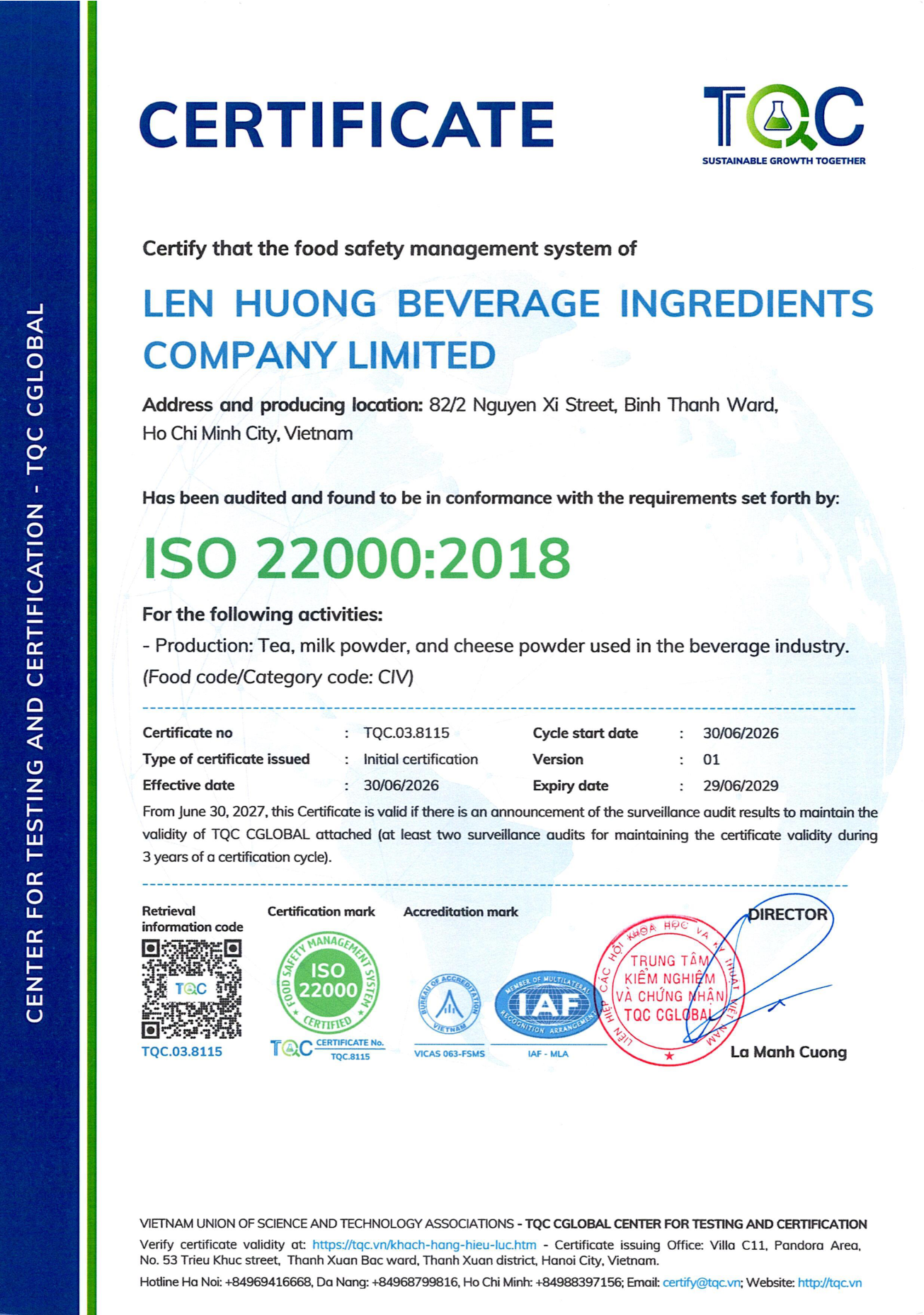 Certificate ISO 22000:2018 (bản tiếng Anh) của Len Huong Beverage Ingredients — thương hiệu Lenvia