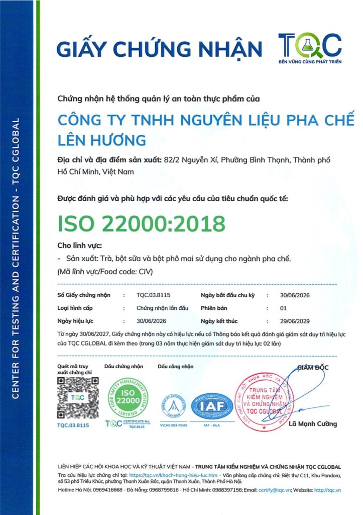 Giấy chứng nhận ISO 22000:2018 của Công ty TNHH Nguyên Liệu Pha Chế Lên Hương (Lenvia)