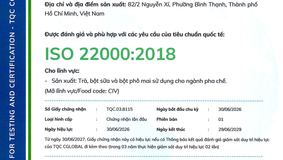 Giấy chứng nhận ISO 22000:2018 của Lenvia