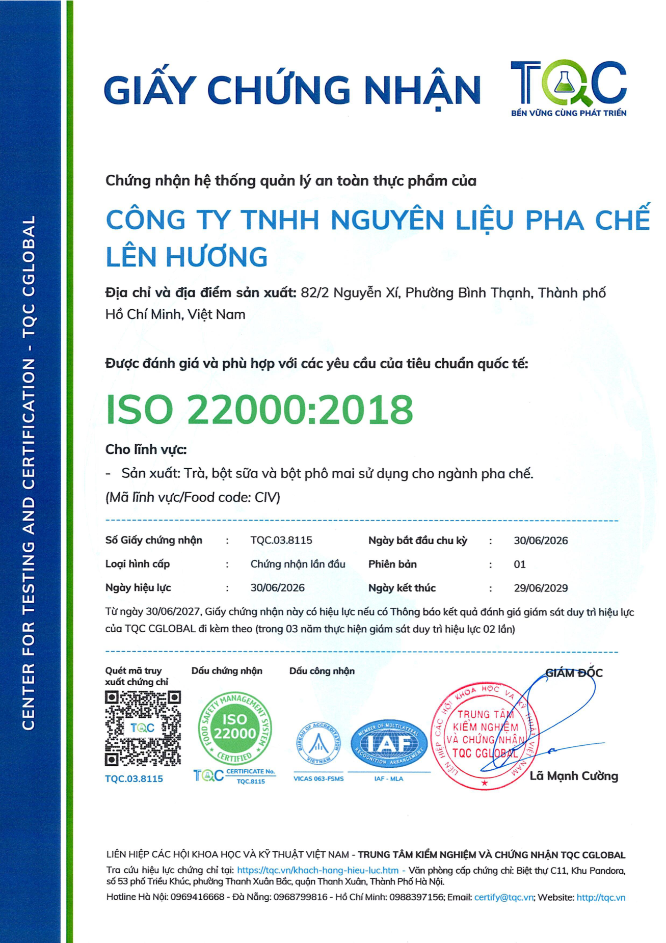 Giấy chứng nhận ISO 22000:2018 của nguyên liệu pha chế Lenvia (Công ty Lên Hương)