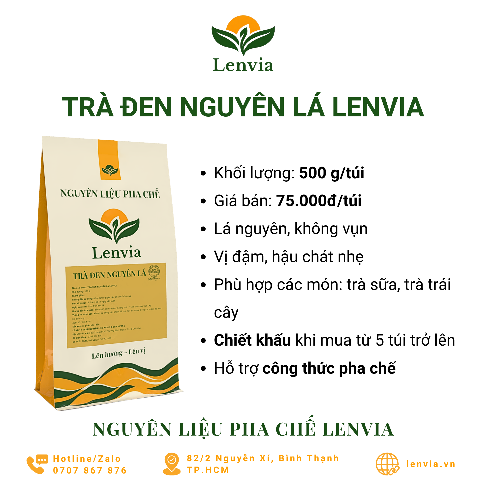 Giới thiệu Trà đen nguyên lá Lenvia 500g - giá 75.000đ/túi